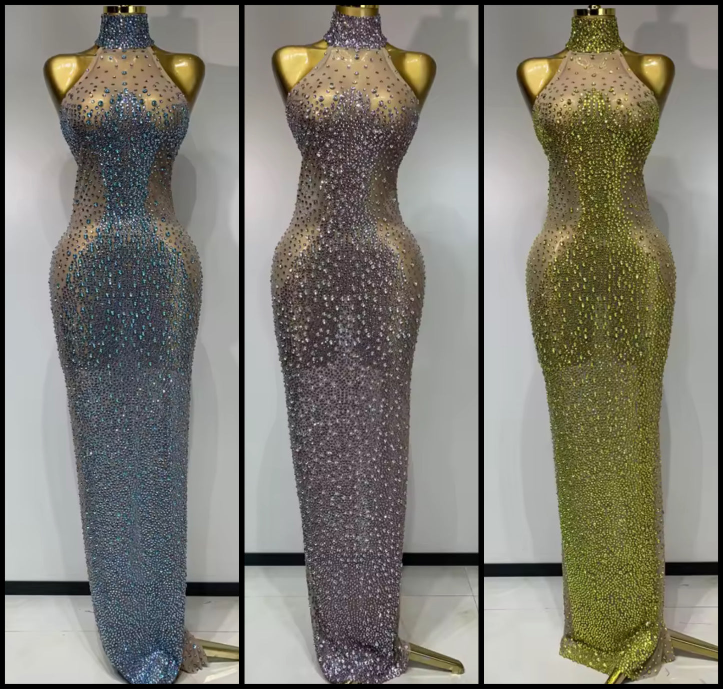 Sexy Sparkly Rhinestone Halter Sleeveless Maxi Dress