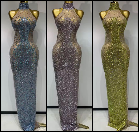 Sexy Sparkly Rhinestone Halter Sleeveless Maxi Dress