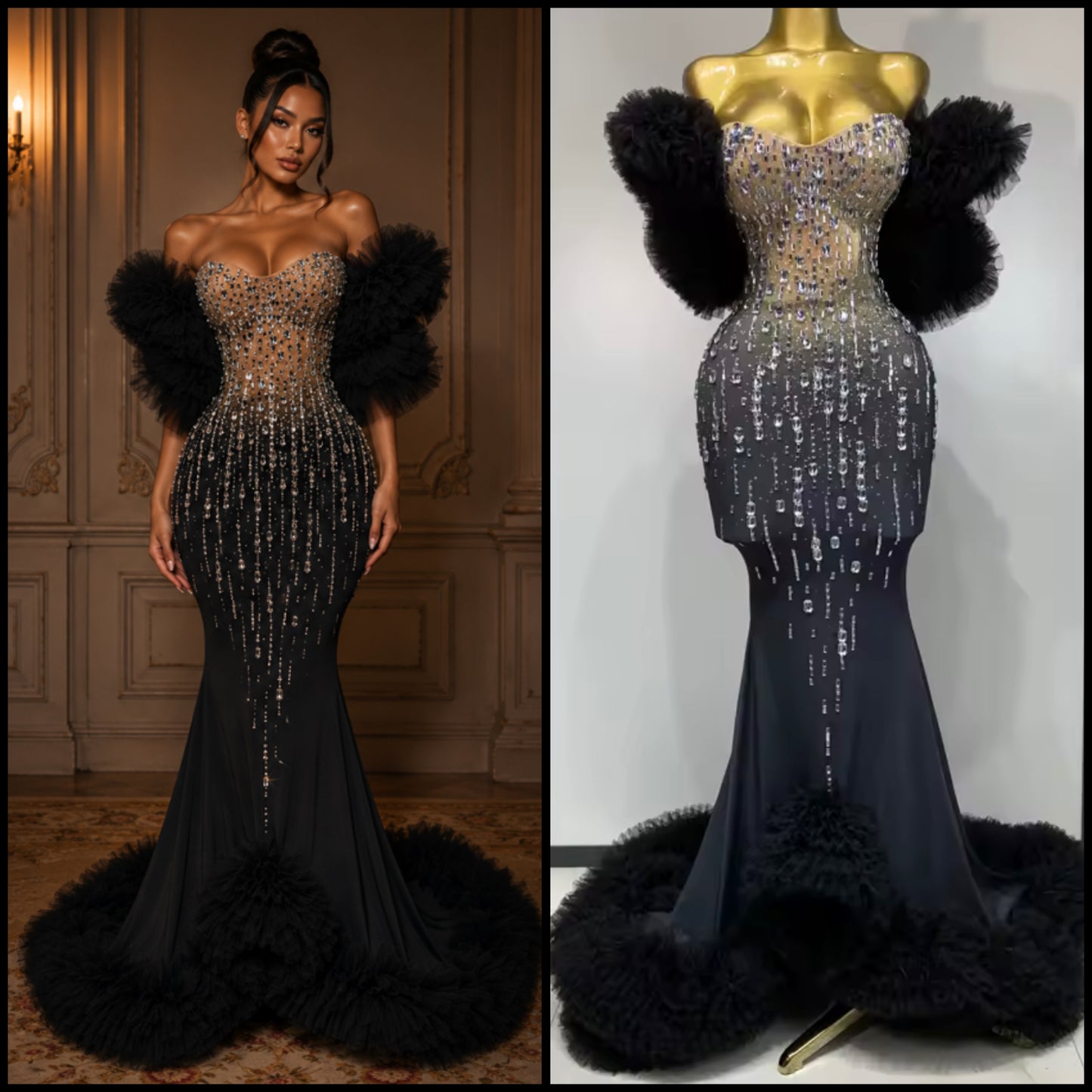 Black Rhinestone Embellishment Strapless Ruffle Floor-Length Dress