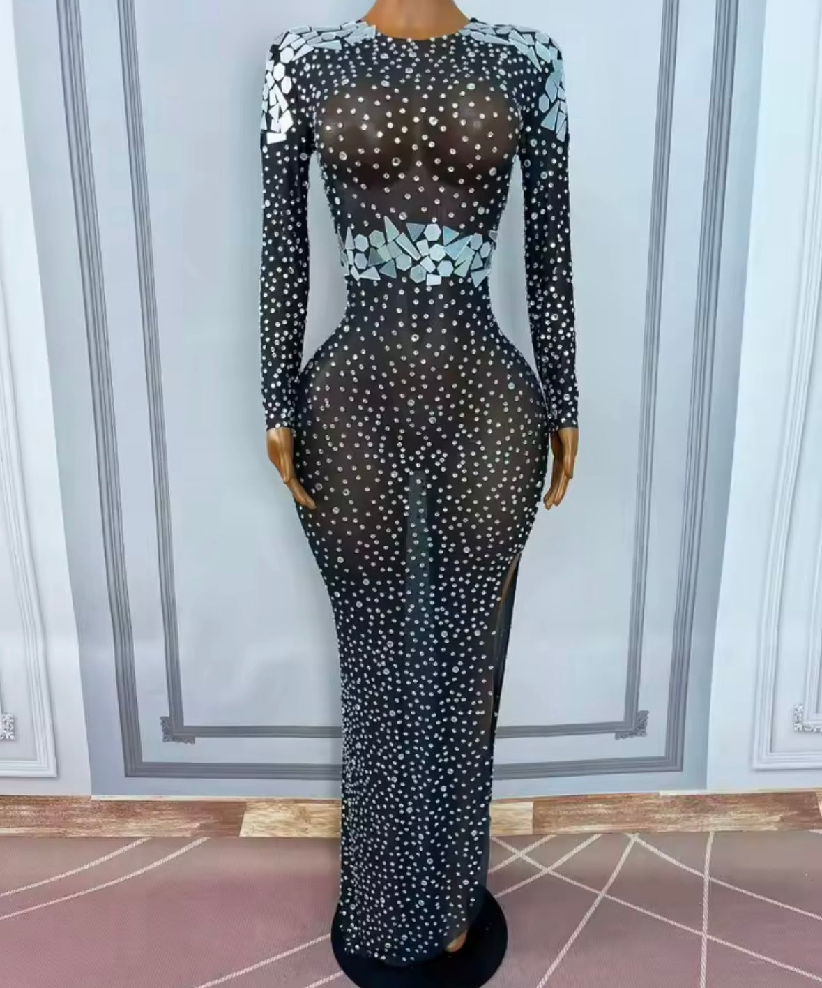 Sexy Rhinestone Mirror Black Full Sleeve Side Split Maxi Dress