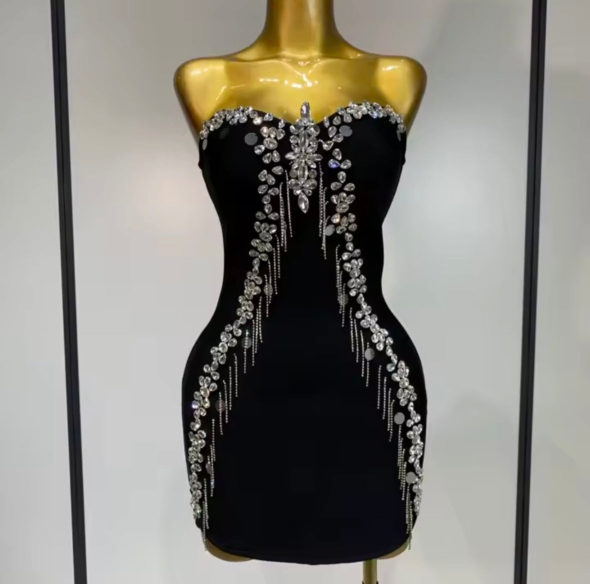 Sexy Black Strapless Rhinestone Tassel Bandage Dress