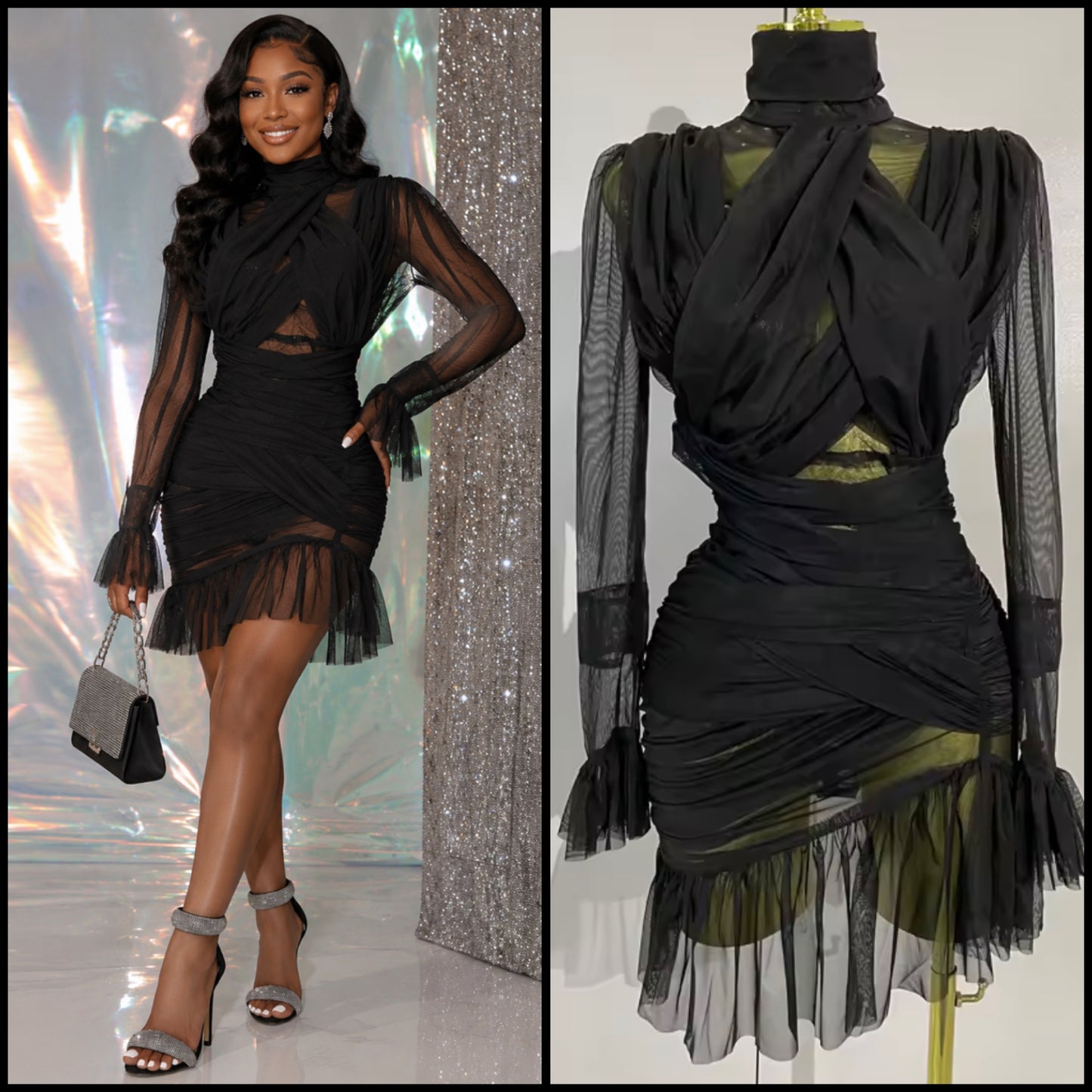 White Sexy See Through Ruched Ruffle Full Sleeve Dress
