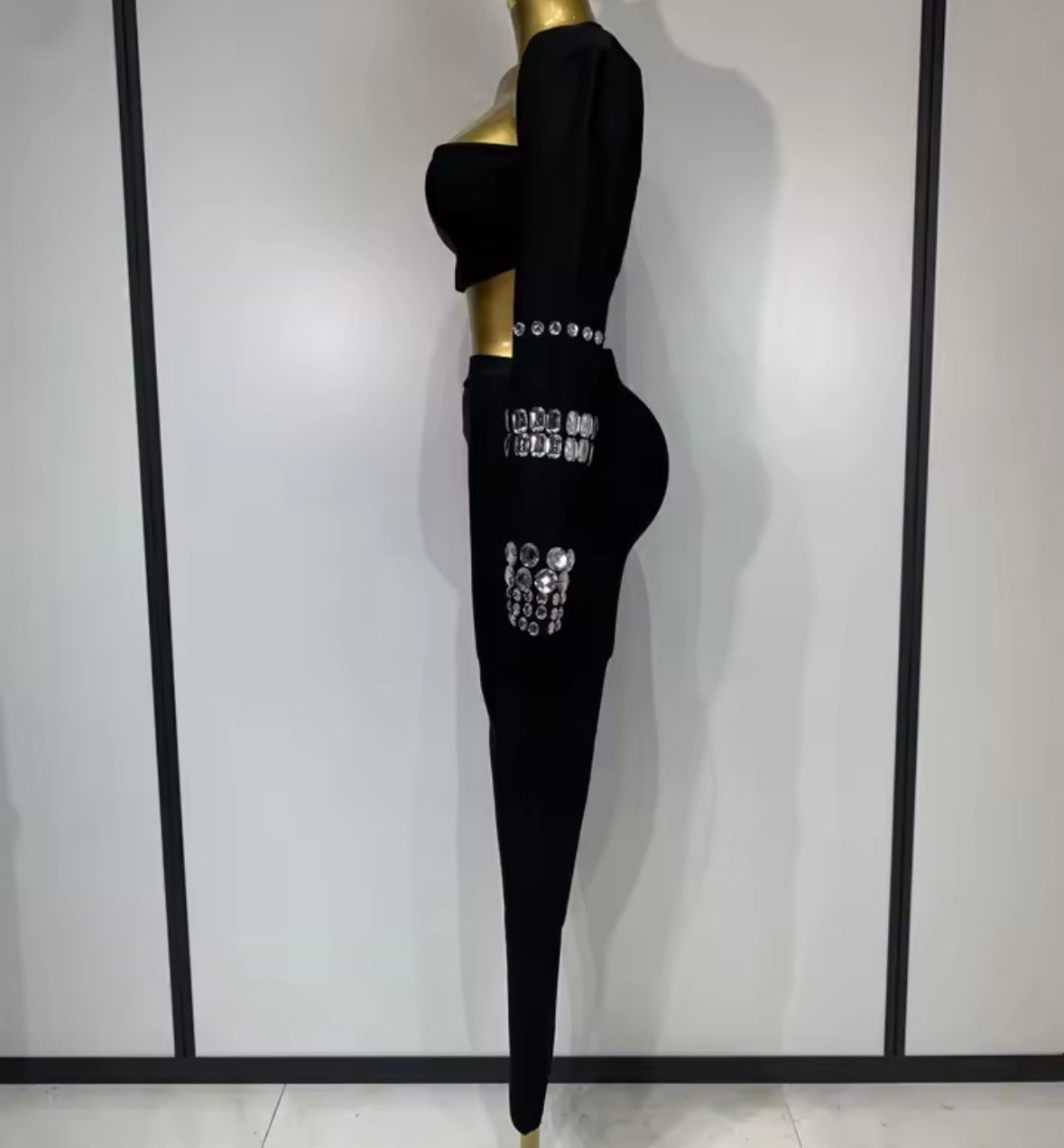 Elegant Black Rhinestone Three Piece Pant Set