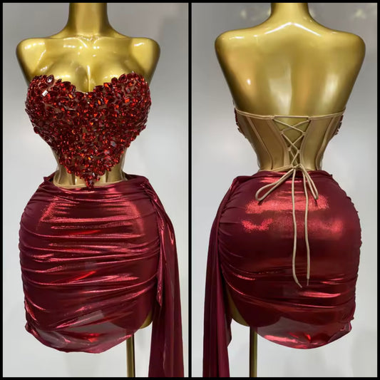 Red Crystal Strapless Mesh Corset Two Piece PU Skirt Set