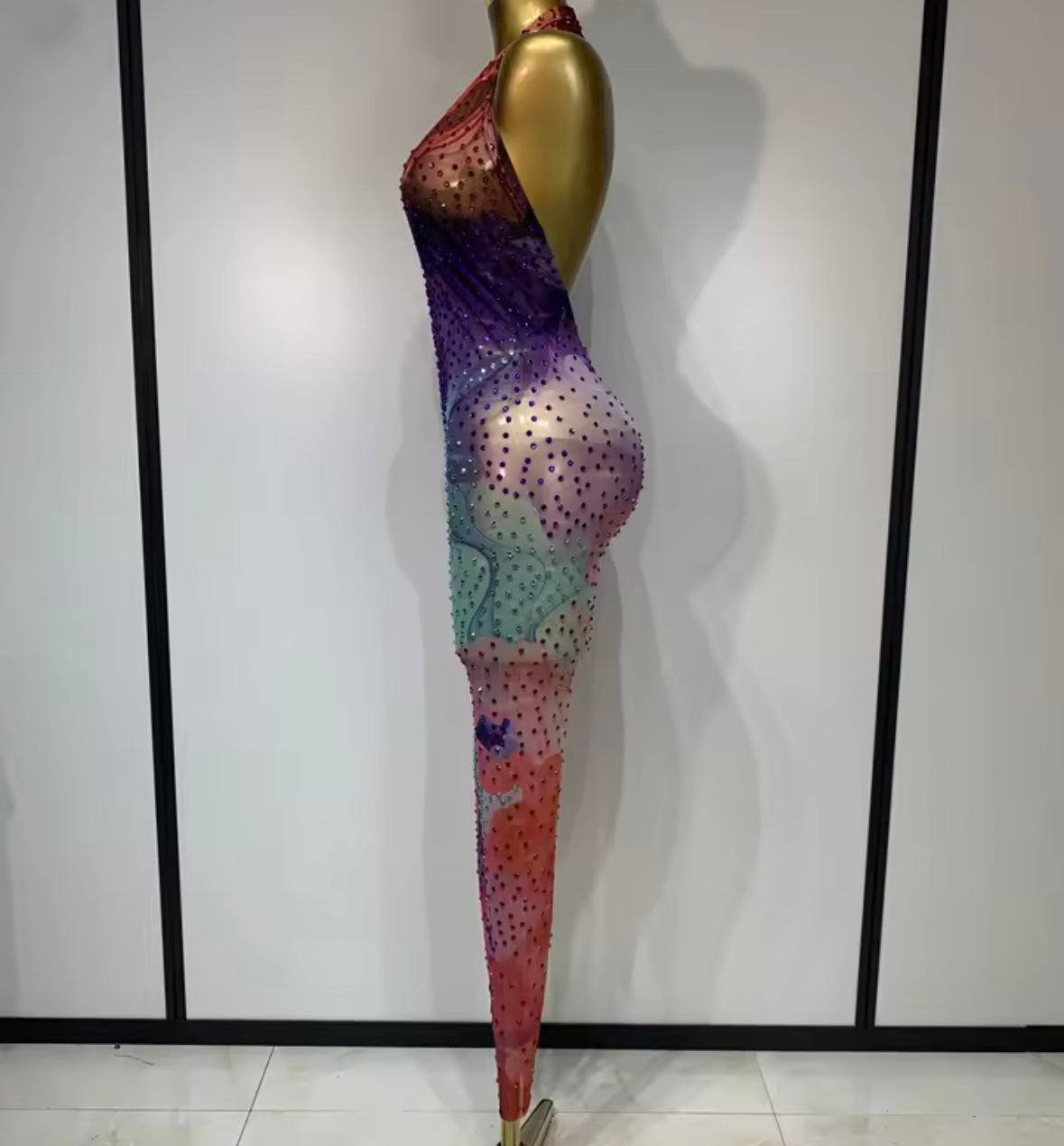 Halter Open Back See Through Colorful Rhinestone Jumpsuit