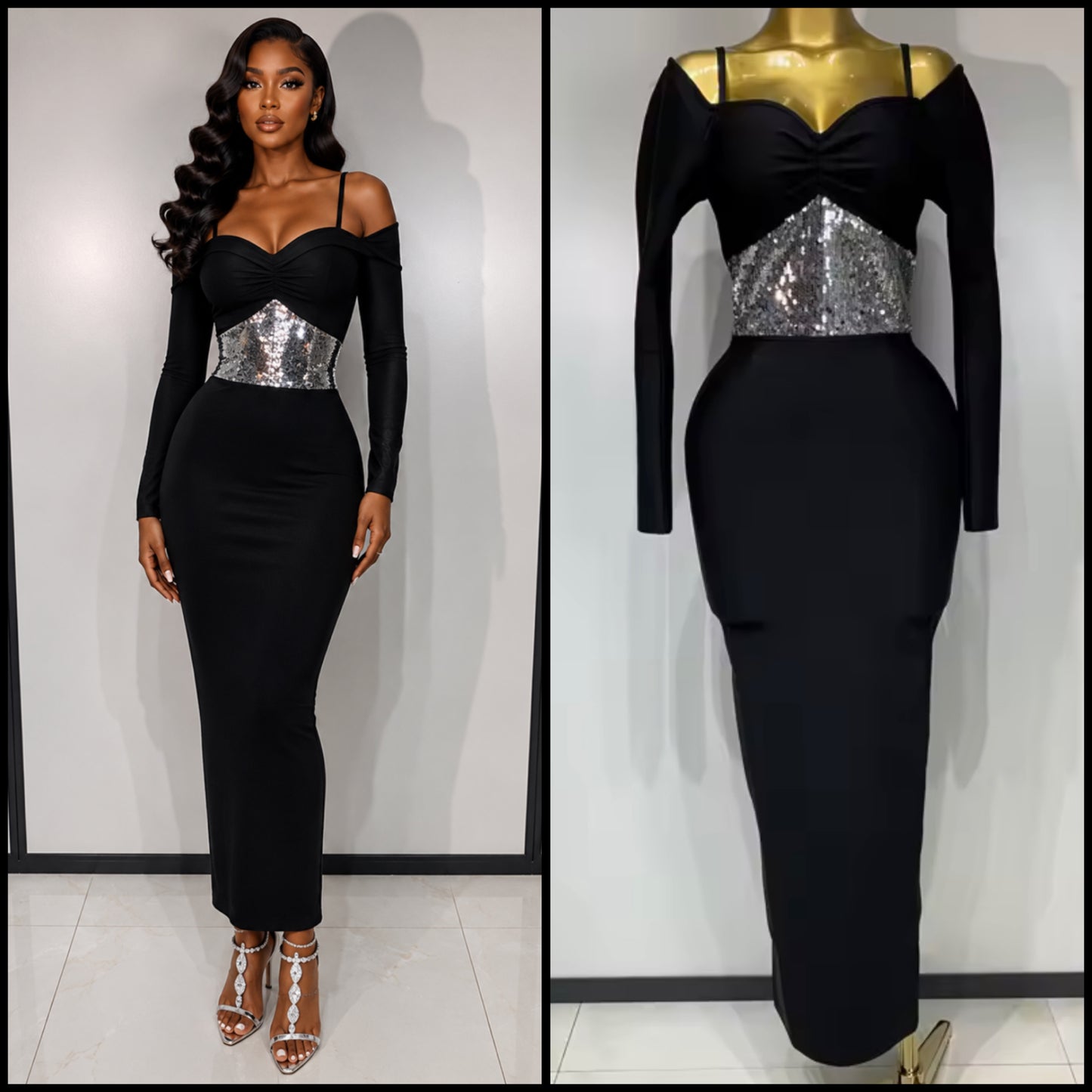 Elegant Black Sequins Patchwork Full Sleeve Maxi Dress
