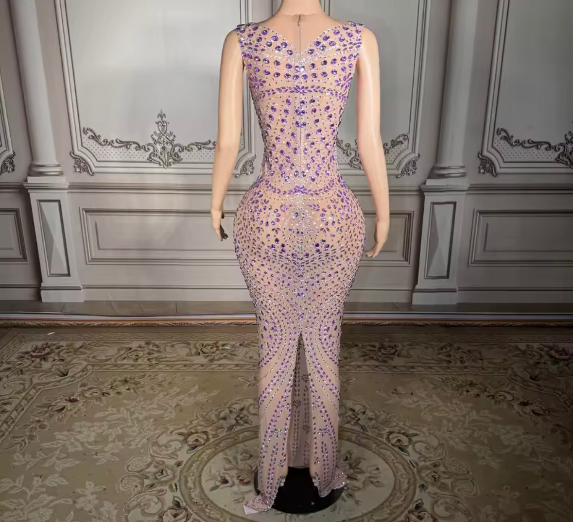 Sexy Sleeveless Purple Rhinestone Maxi Dress