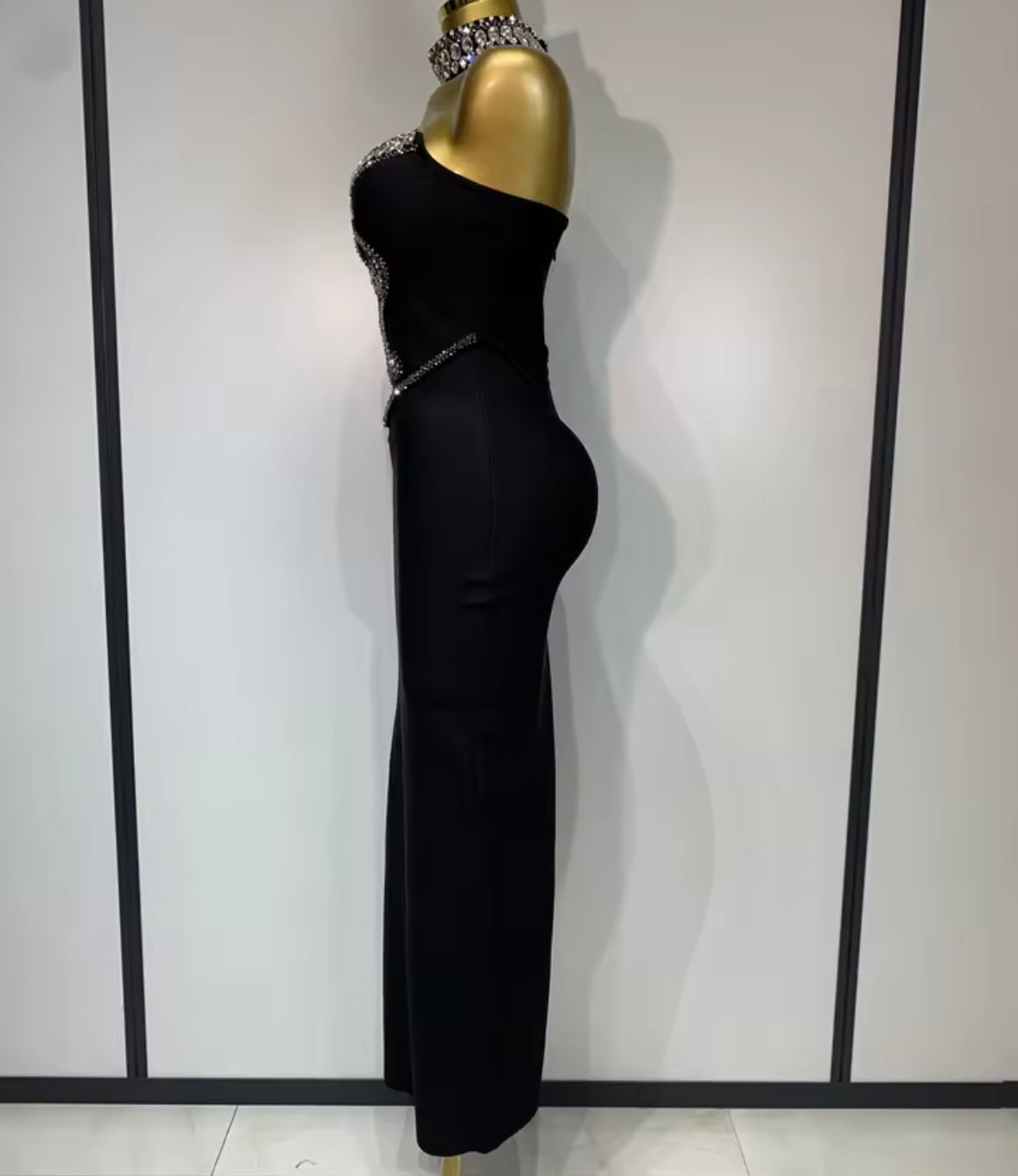 Rhinestone Choker Strapless Elegant Dress