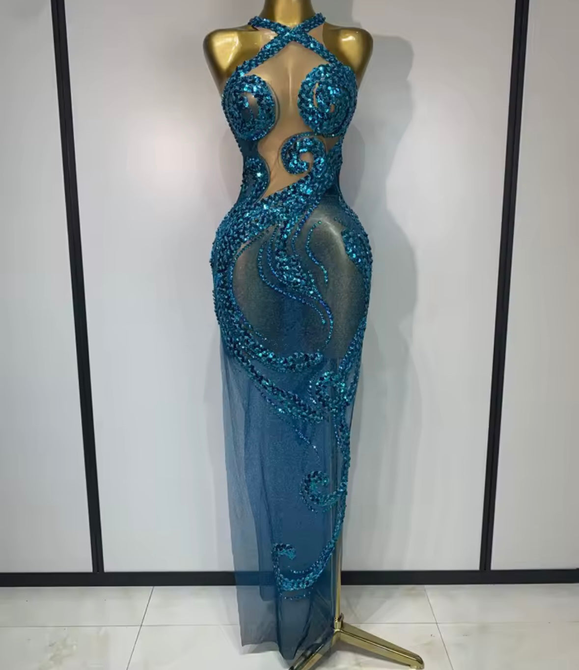 Sleeveless Blue Rhinestone Sequins Mesh Maxi Dress
