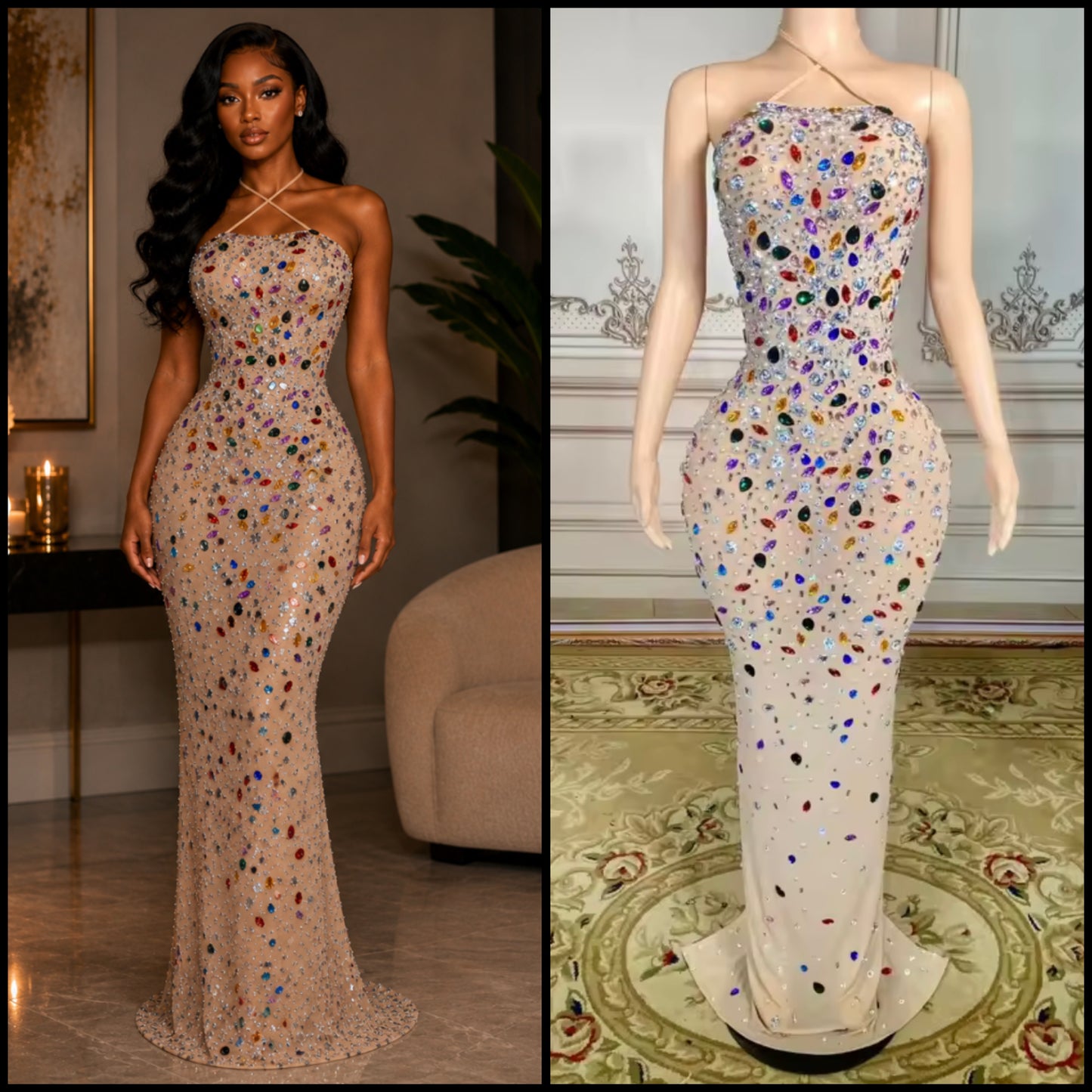 Sexy Halter Sleeveless Open Back Multicolored Rhinestone Dress