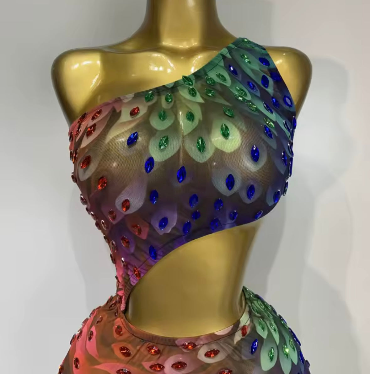 Sexy One Shoulder Sleeveless Colorful Crystal See Through Dress