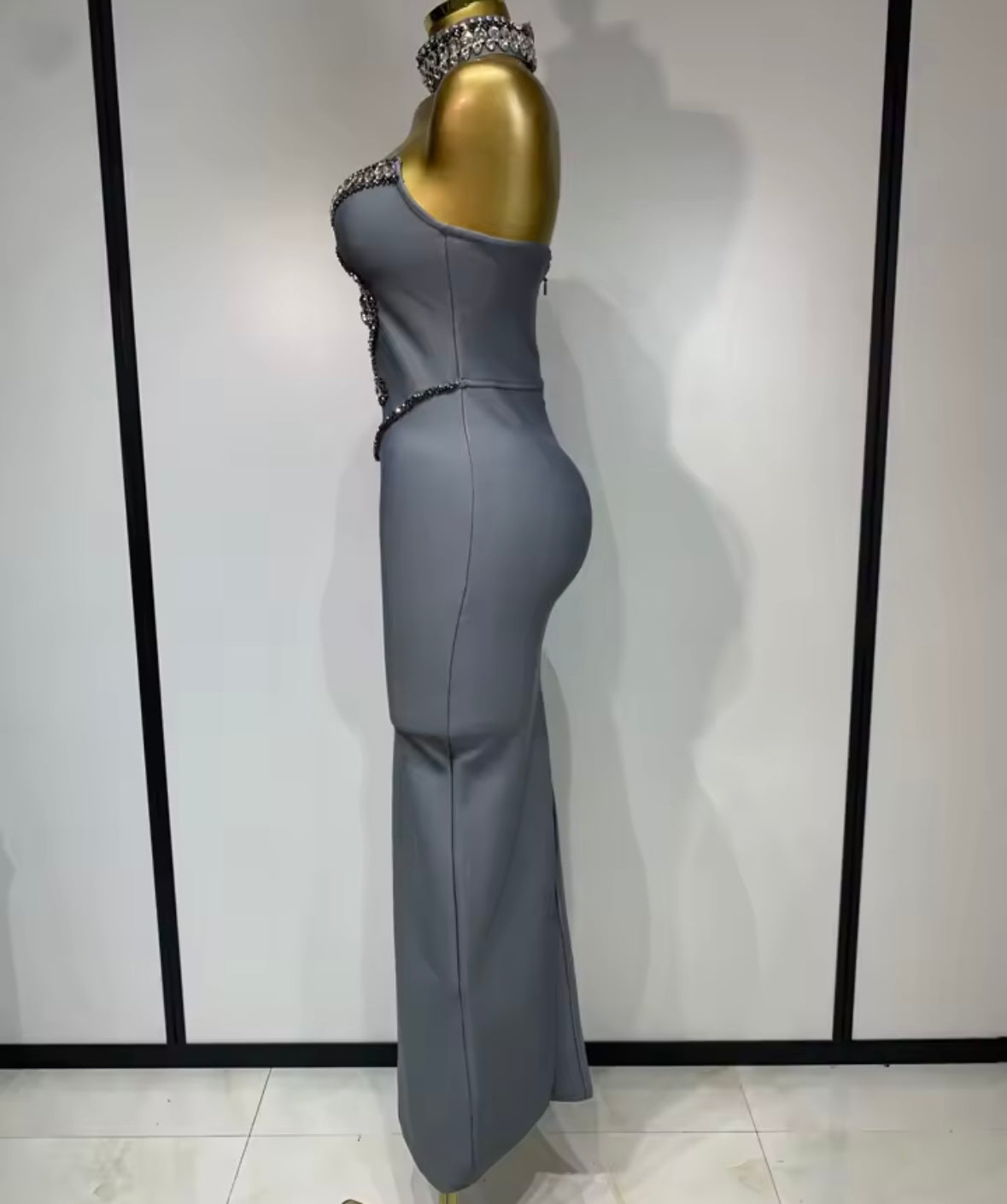 Beaded Rhinestone Choker Strapless Elegant Maxi Dress