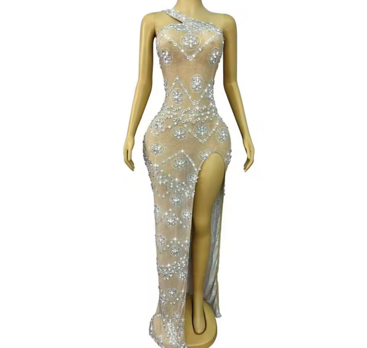 Sexy One Shoulder Sleeveless Rhinestone Side Split Maxi Dress