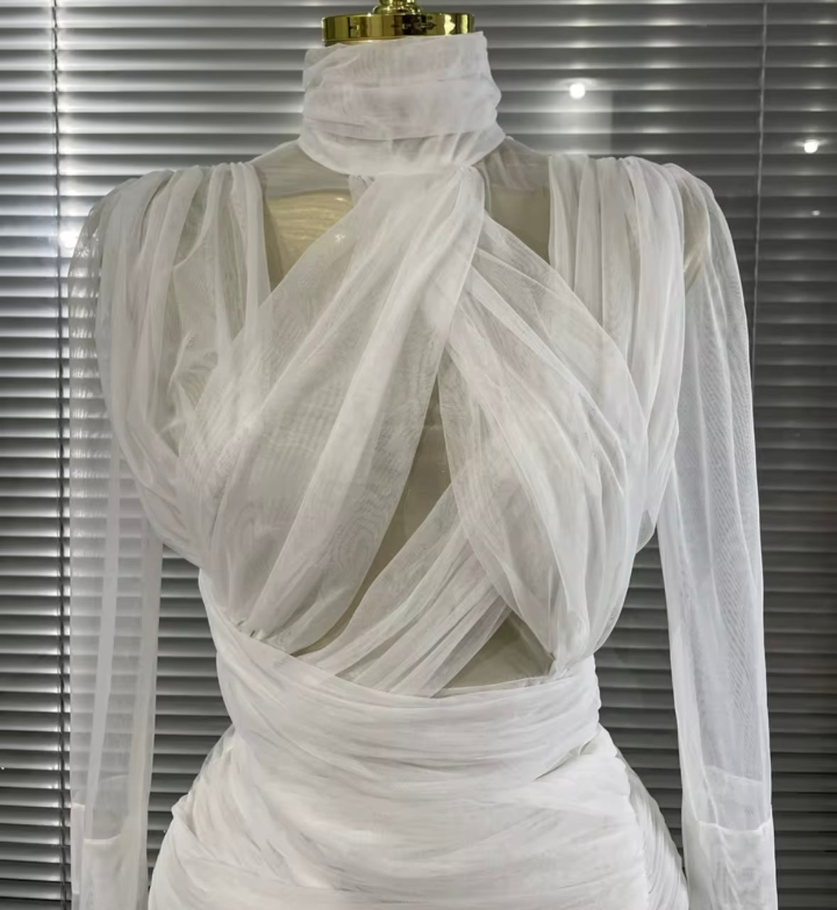 White Sexy See Through Ruched Ruffle Full Sleeve Dress