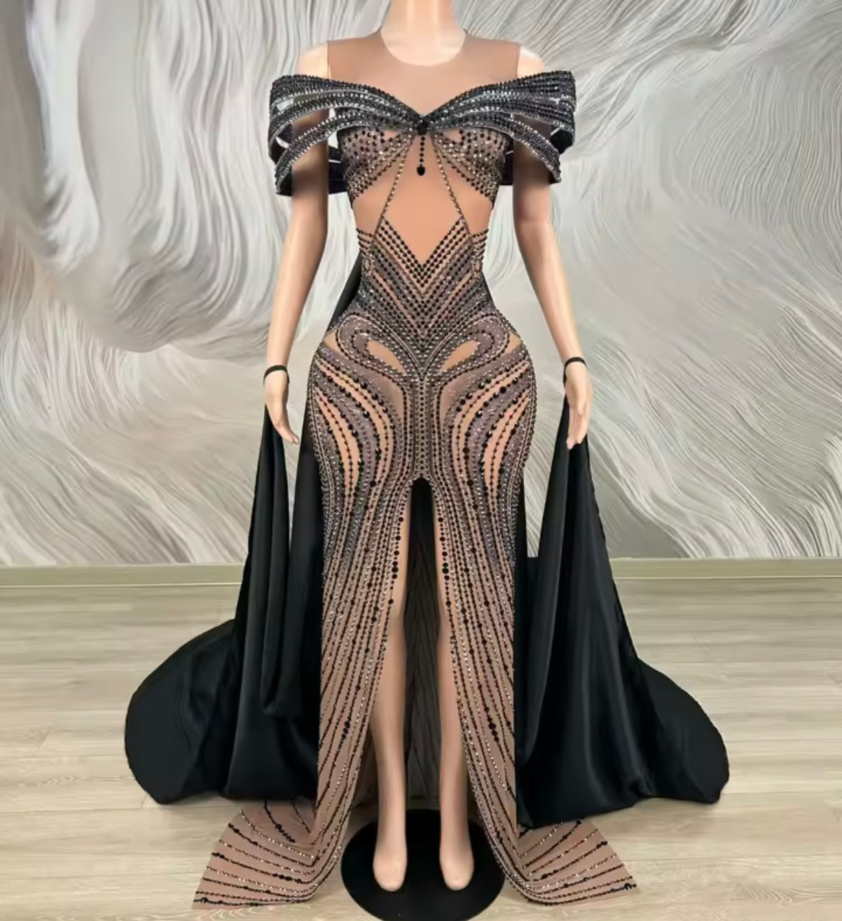 Elegant Color Rhinestone Font Split Floor-Length Dress