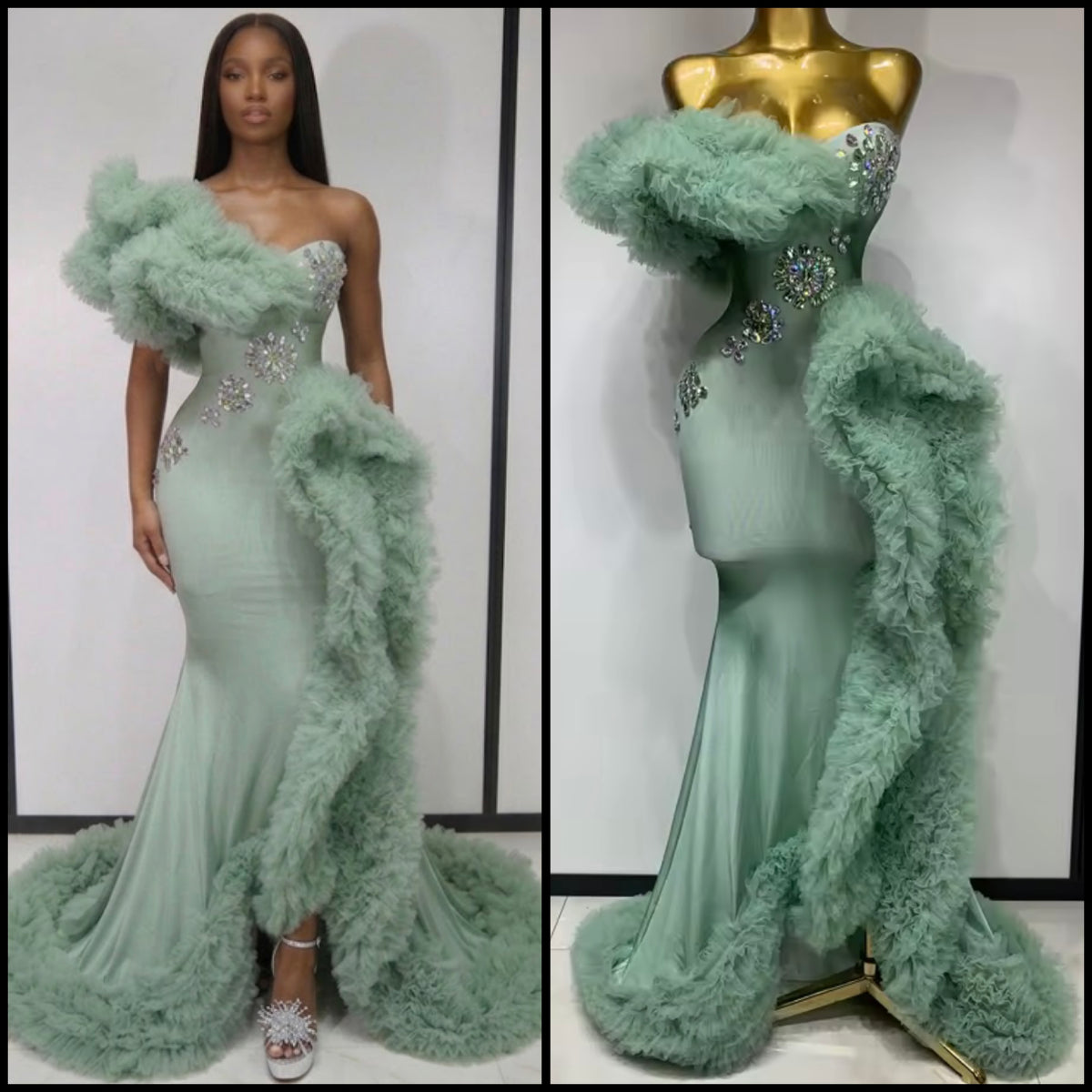 Green Elegant Strapless Ruffle Rhinestone Maxi Dress