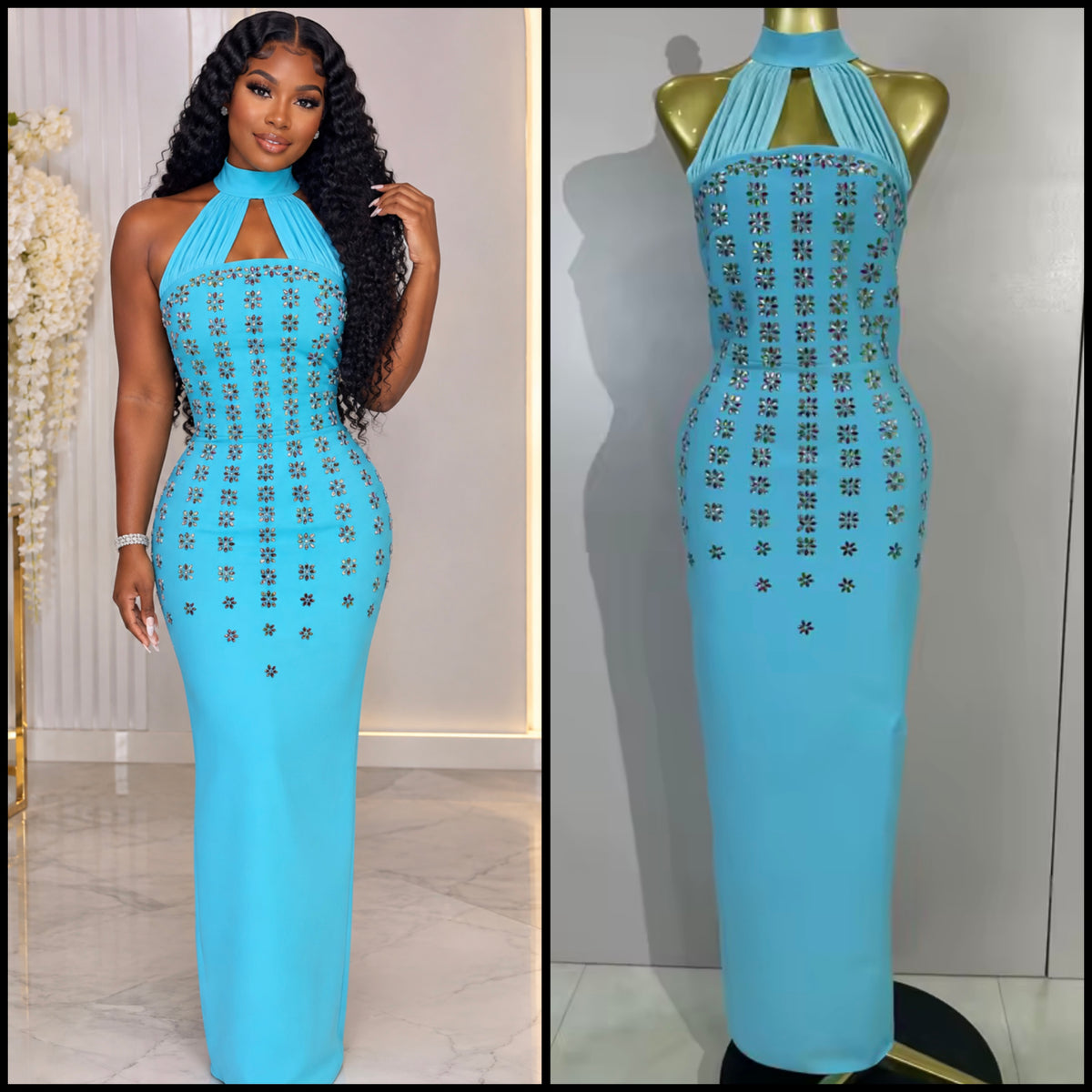 Blue Halter Scarf Sleeves Floral Rhinestone Embellishment Maxi Dress