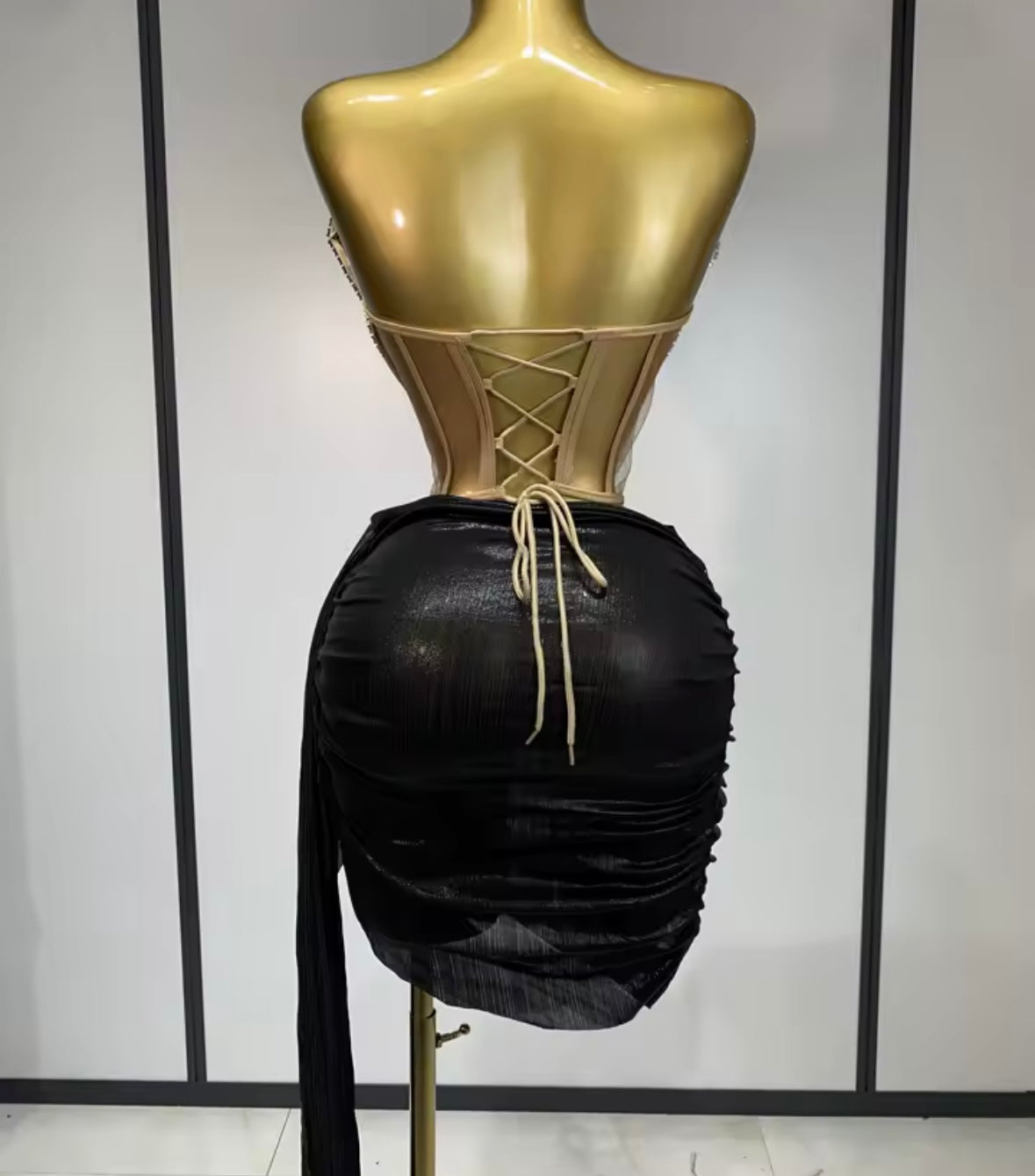 Color Rhinestone Strapless Corset Two Piece PU Tassel Skirt Set
