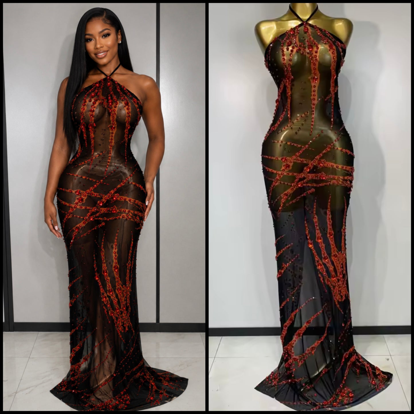 Sexy Halter Sleeveless Black Rhinestone Maxi Dress