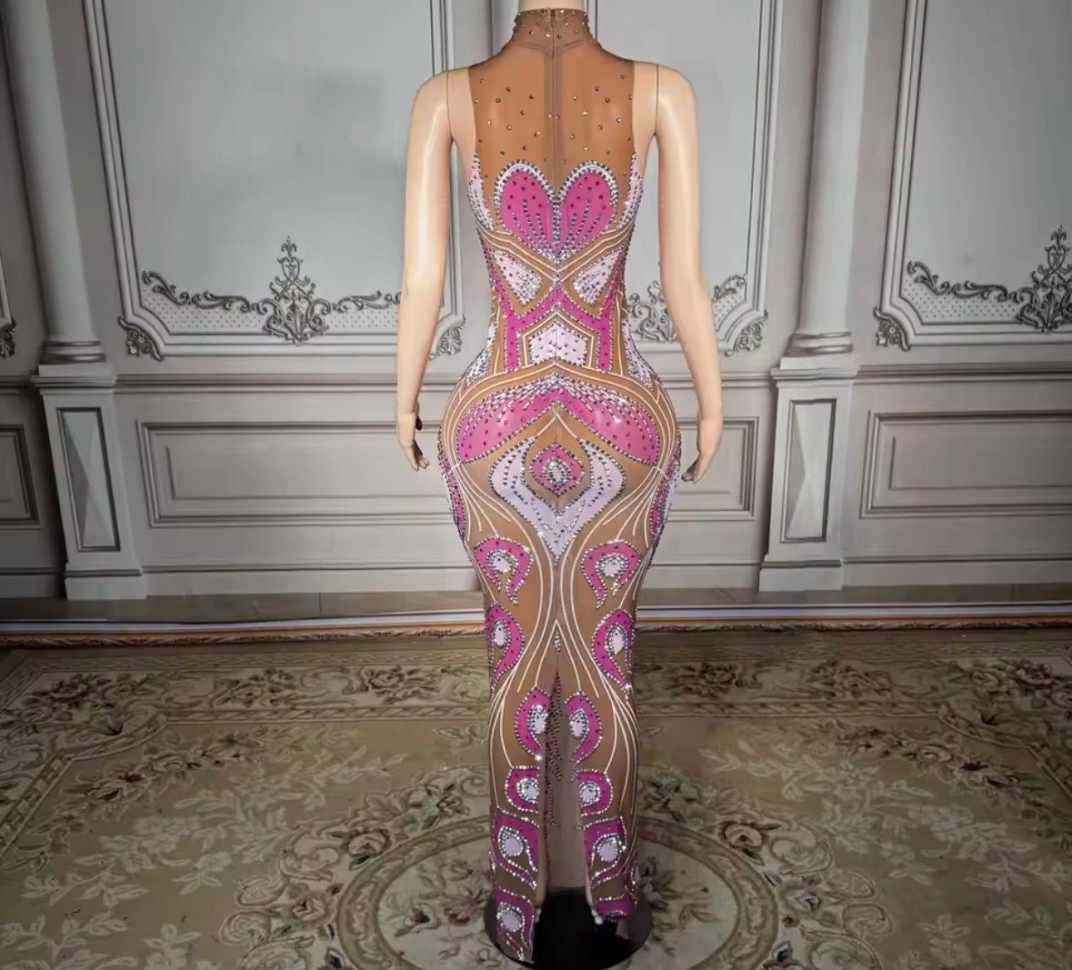 Sexy Sleeveless Color Patchwork Rhinestone See Through Maxi Dress