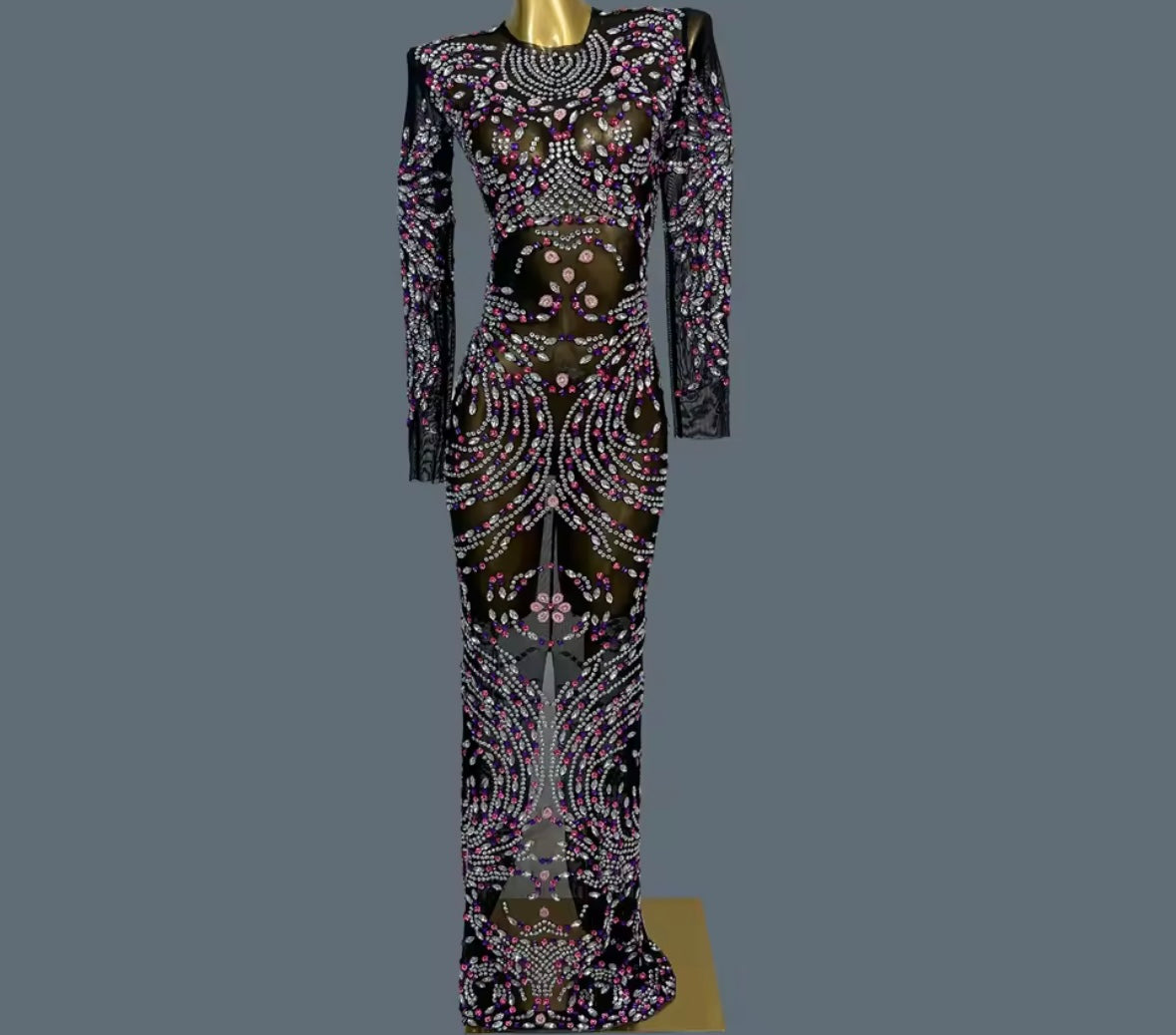 Black See Through Full Sleeve Color Rhinestone Maxi Dress