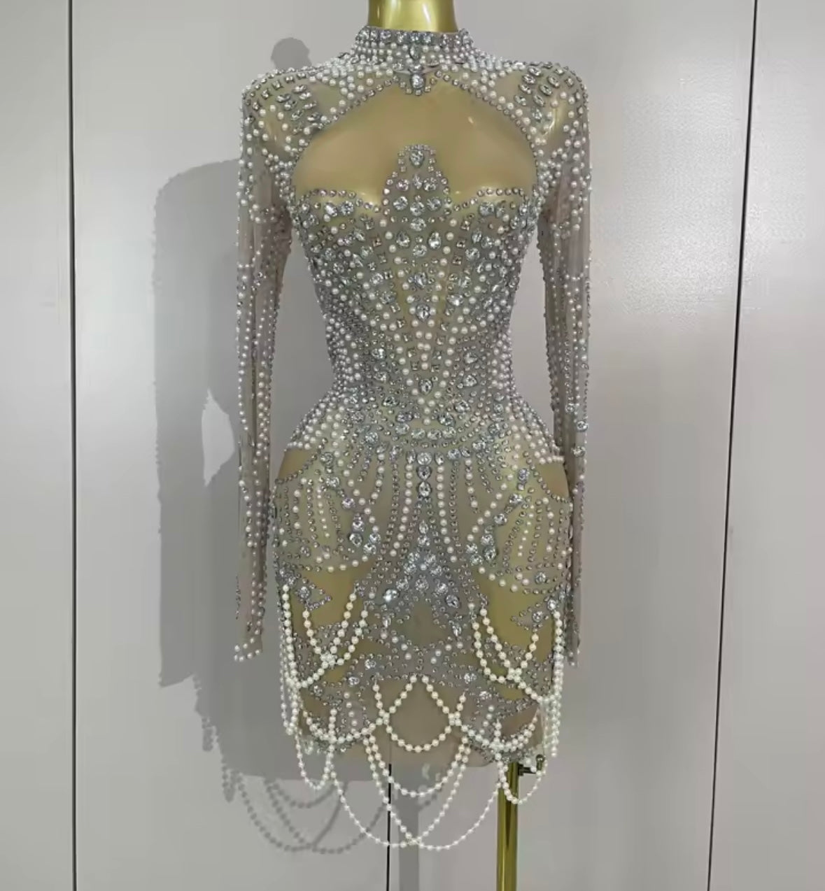 Sexy Pearl Rhinestone See Through Full Sleeve Dress