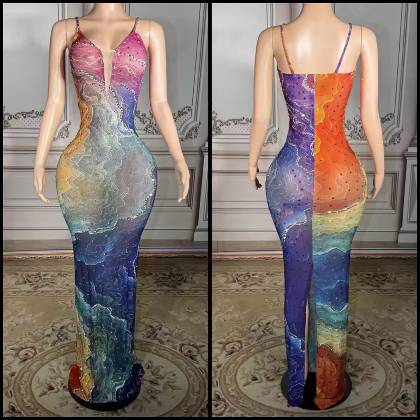 Sexy Sleeveless Multicolored Rhinestone See Through Maxi Dress