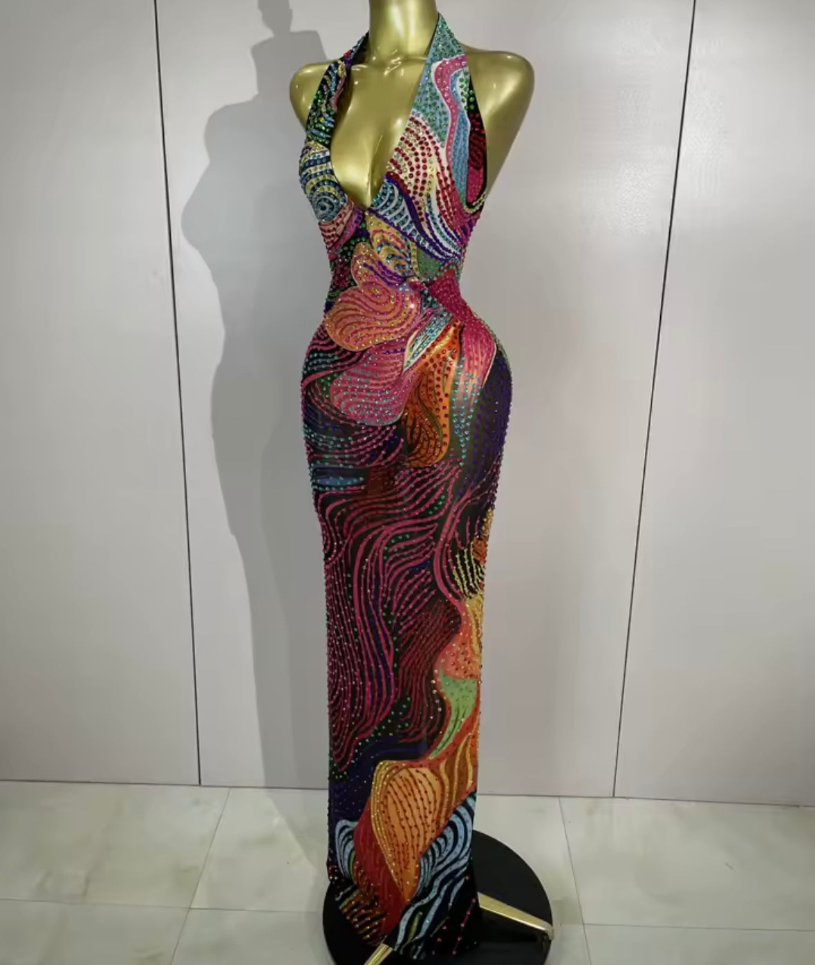 Sexy Halter Sleeveless Multicolored Rhinestone Maxi Dress