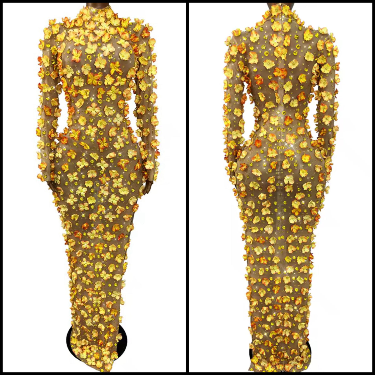 Sexy Full Sleeve Floral Rhinestone Maxi Dress