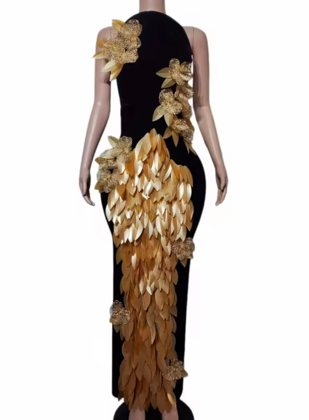 Elegant Black Sleeveless Gold Floral Maxi Dress