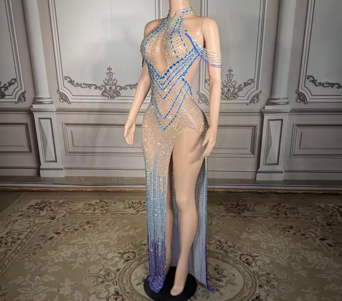Sexy Halter Sleeveless Color Rhinestone Side Split Maxi Dress