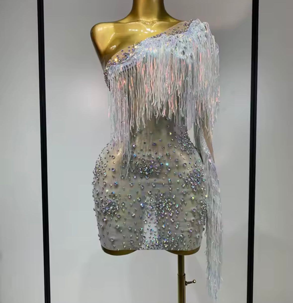 Sexy Silver One Shoulder Fringe Tassel Rhinestone Dress