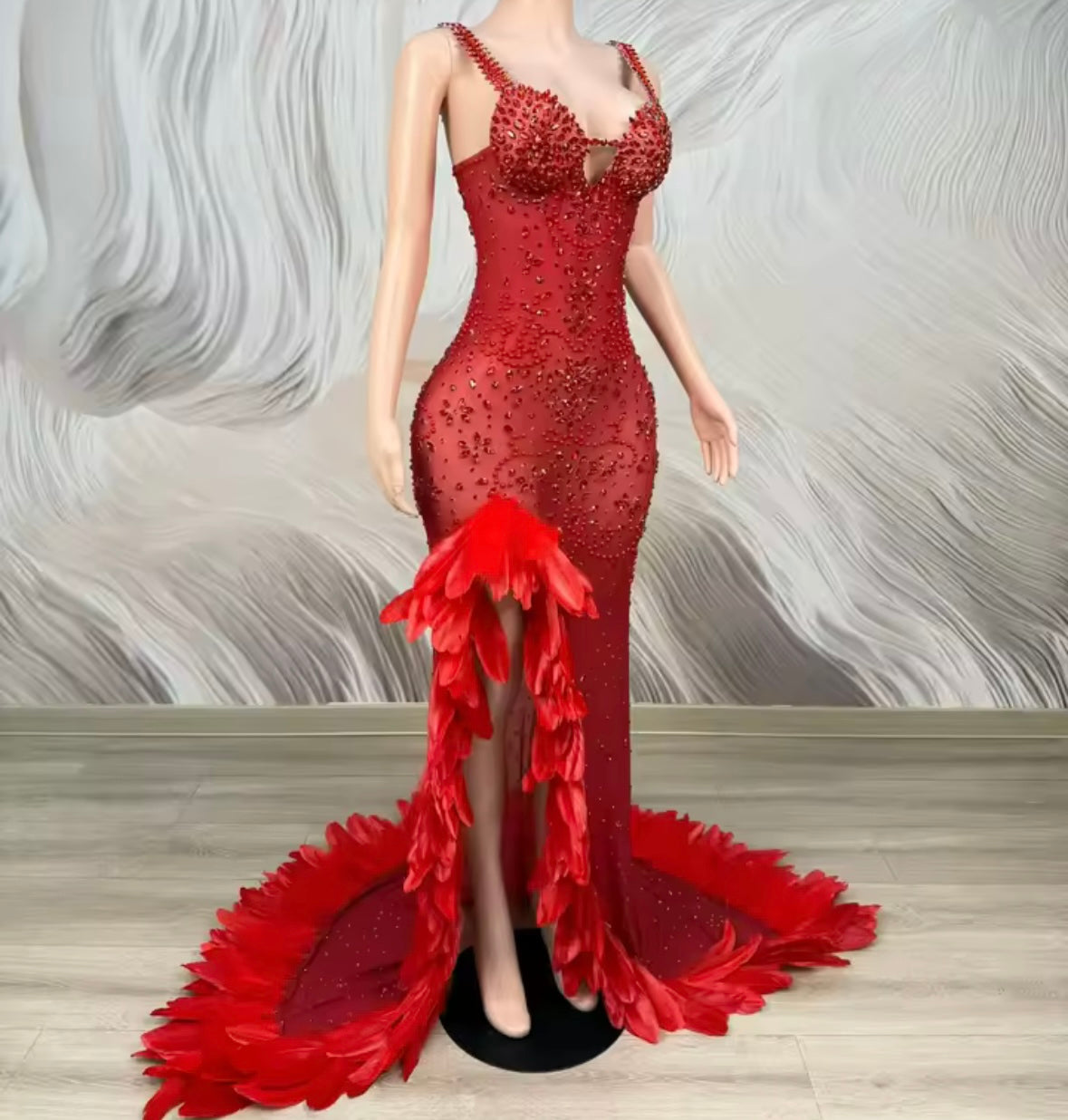 Red Sexy Sleeveless Rhinestone Feather Front Split Maxi Dress