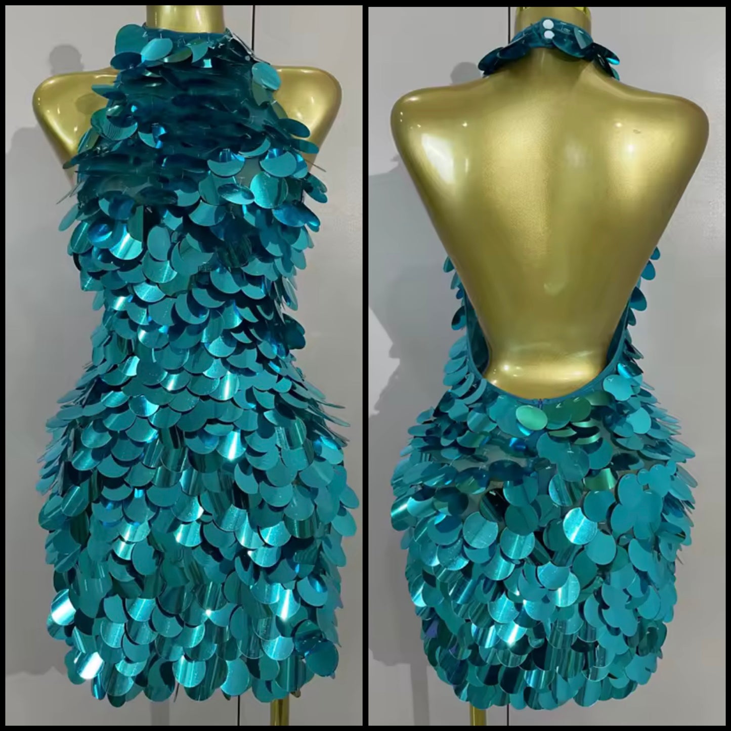 Sexy Blue Halter Sleeveless Open Back Sequins Dress