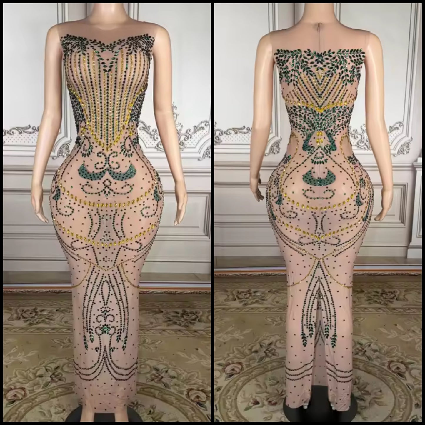 Sexy Sleeveless See Through Rhinestone Maxi Dress