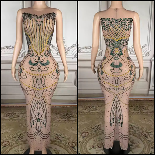 Sexy Sleeveless See Through Rhinestone Maxi Dress