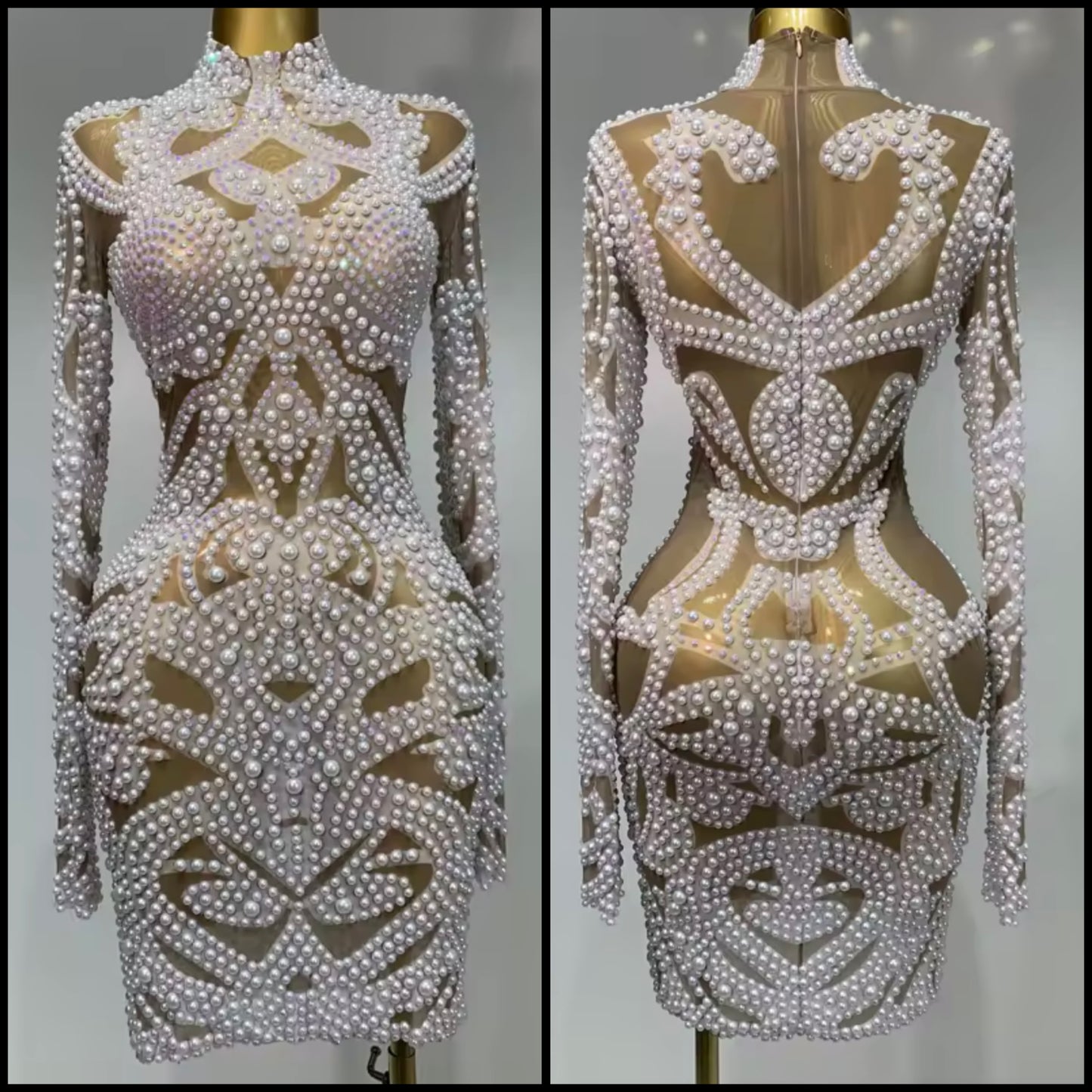 Sexy Pearl Embellishment Full Sleeve Short Dress