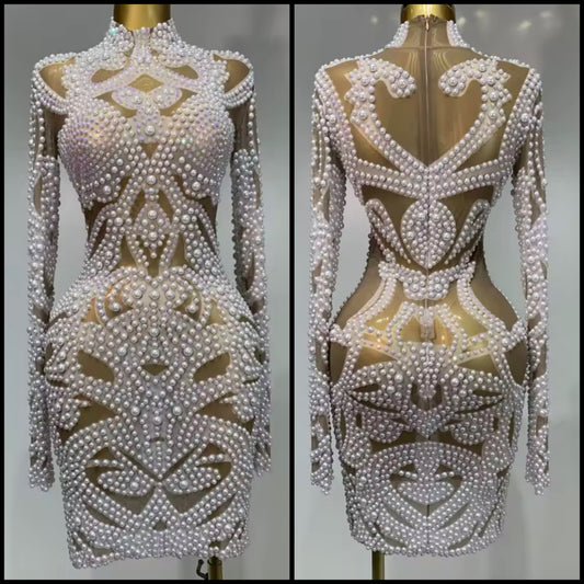 Sexy Pearl Embellishment Full Sleeve Short Dress