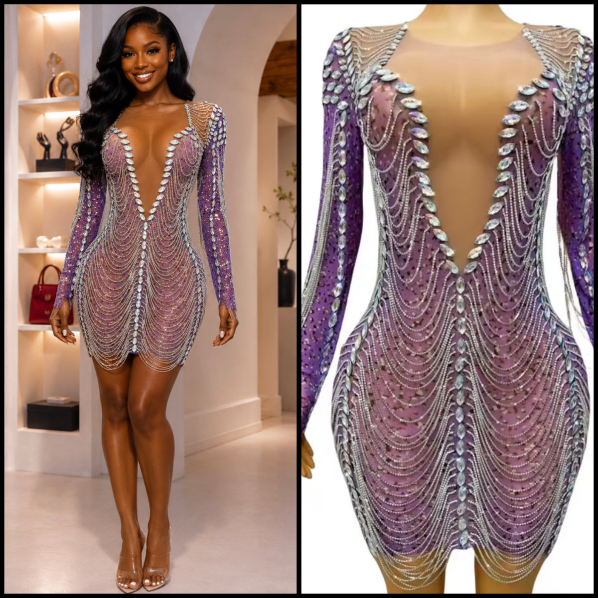 Sexy Purple Rhinestone Chain Full Sleeve Short Dress
