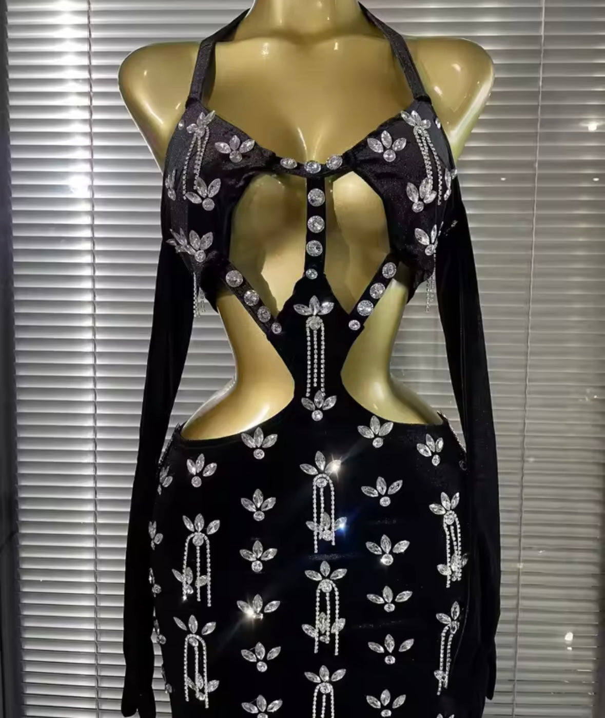 Black Sexy Halter Rhinestone Hollow Out Maxi Dress
