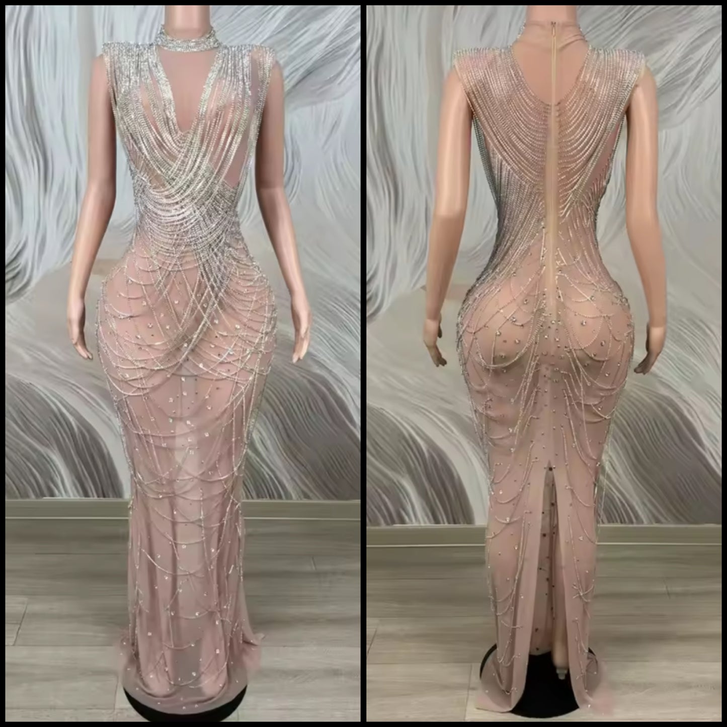 Sexy Sleeveless Rhinestone Chain See Through Maxi Dress
