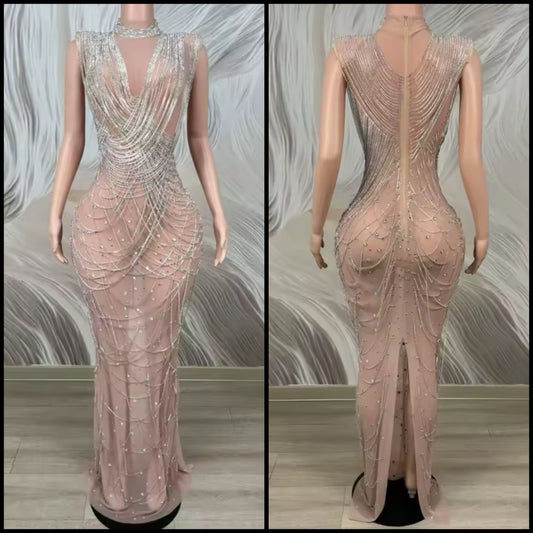 Sexy Sleeveless Rhinestone Chain See Through Maxi Dress