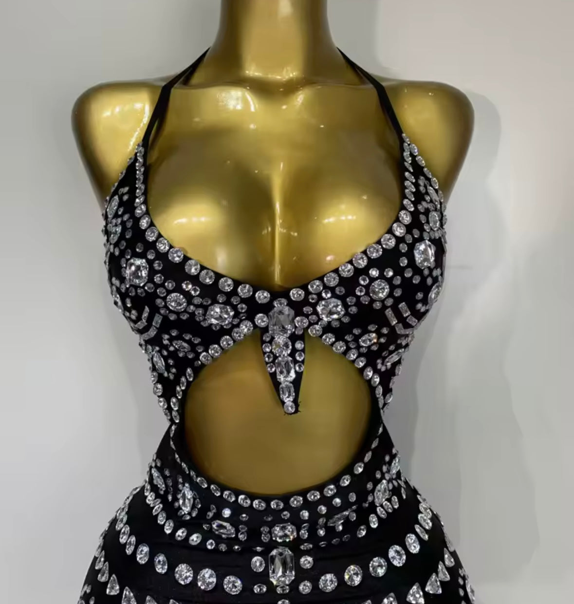 Sexy Sleeveless Rhinestone Cut Out Feather Dress