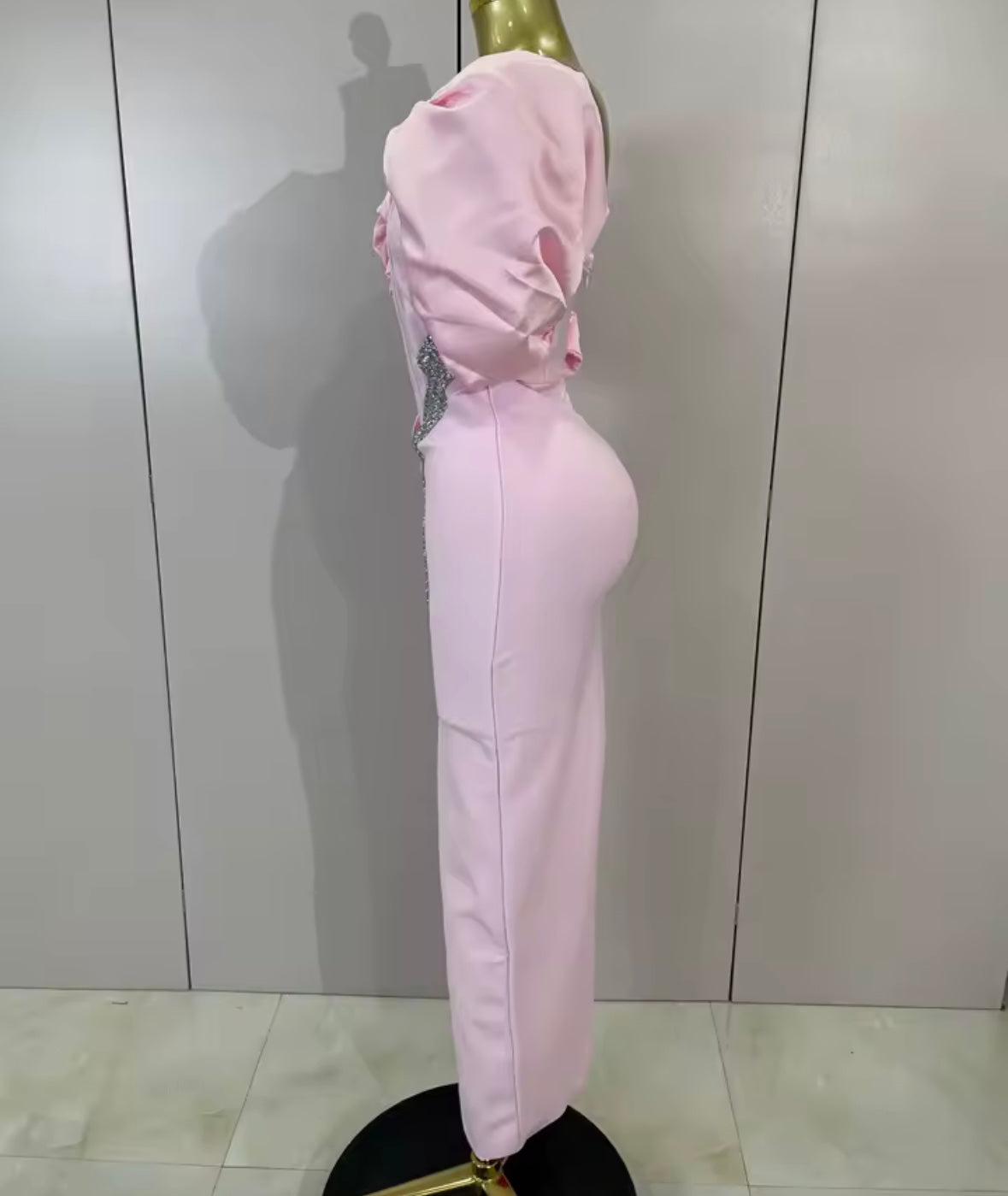 Elegant Puff Sleeve Shiny Rhinestone Maxi Dress