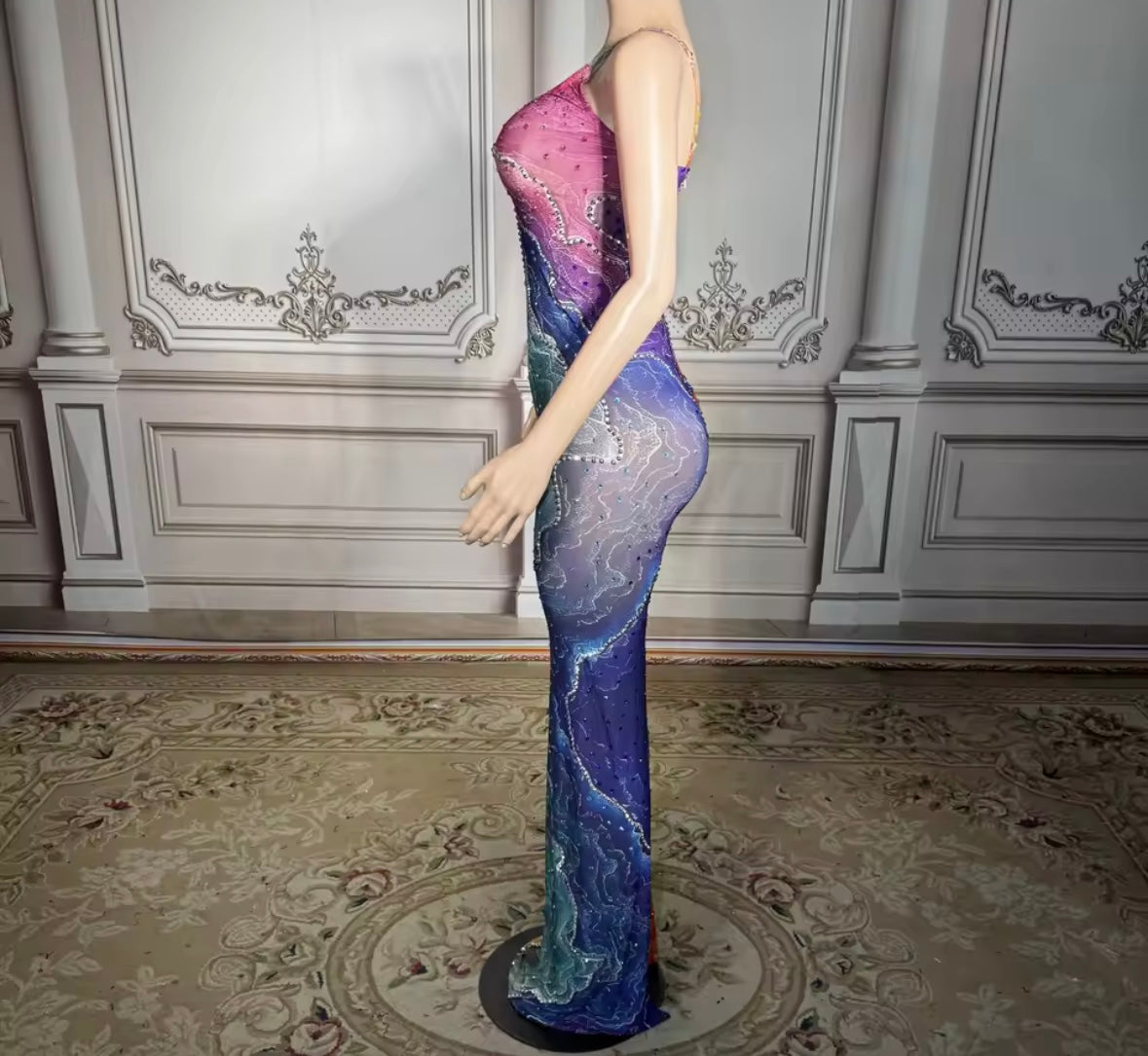 Sexy Sleeveless Multicolored Rhinestone See Through Maxi Dress