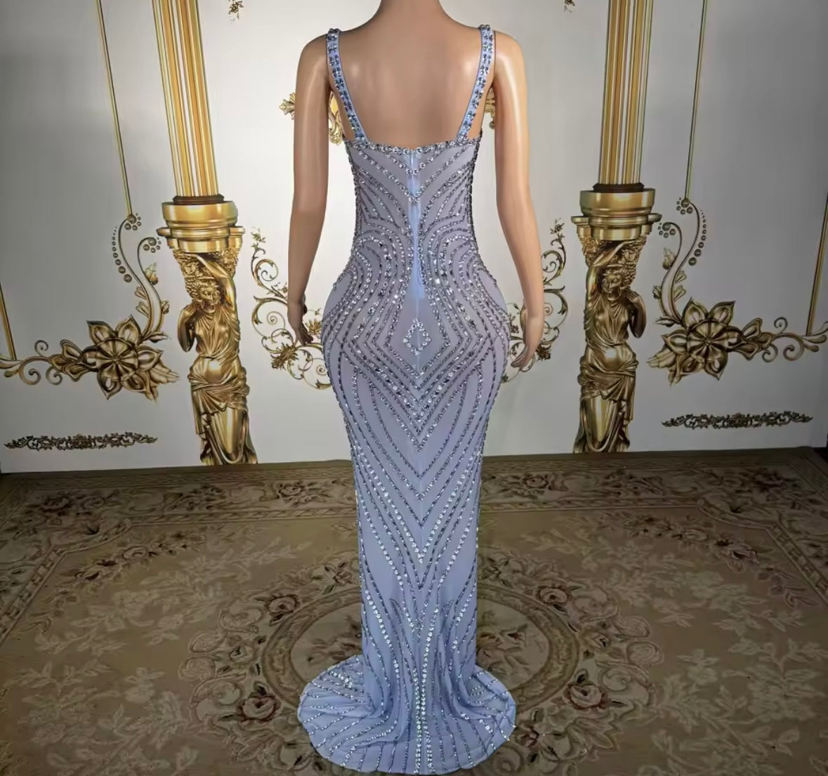 Blue Sexy Sleeveless Rhinestone Embellishment Mermaid Dress