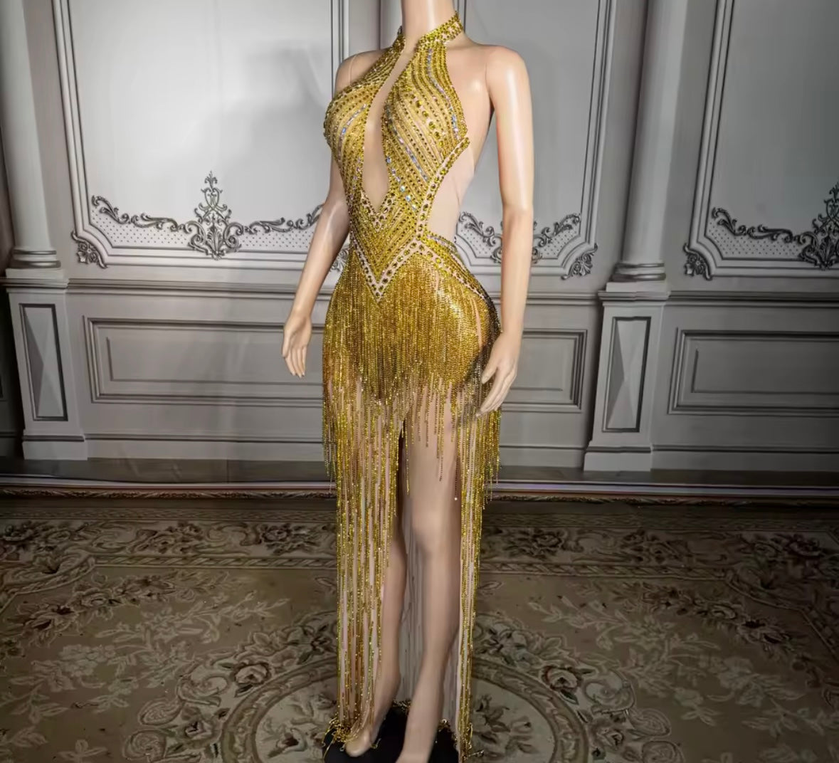 Gold Sexy Halter Sleeveless Rhinestone Fringe Tassel Maxi Dress
