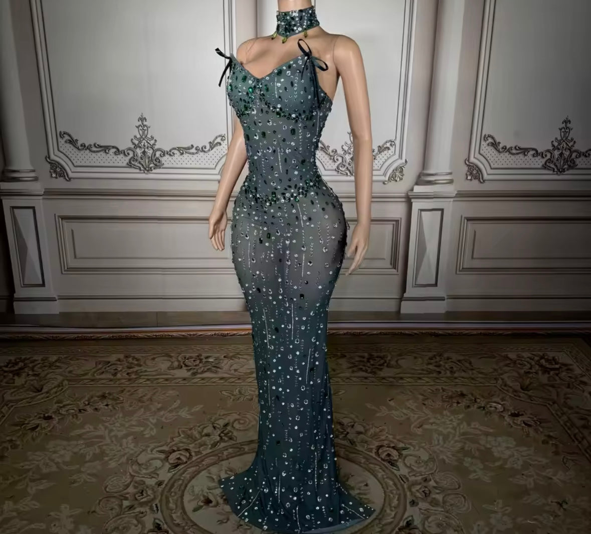 Elegant Green Choker Strapless Rhinestone Embellishment Dress