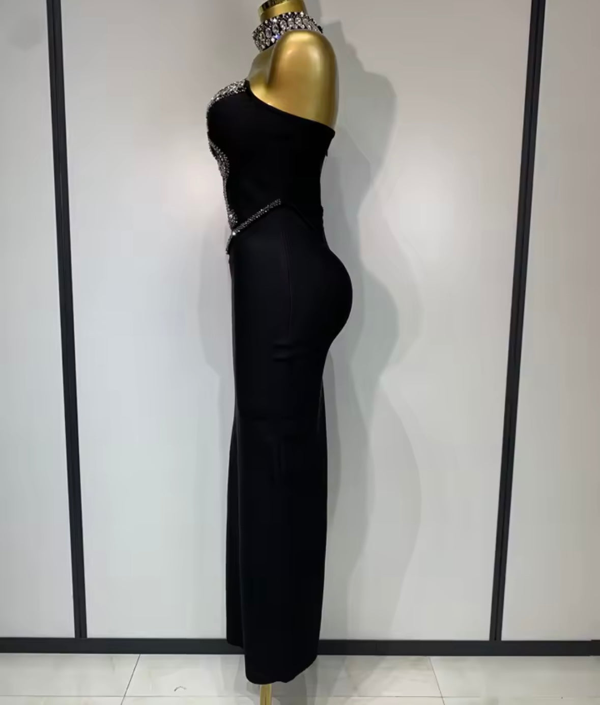 Beaded Rhinestone Choker Strapless Elegant Maxi Dress