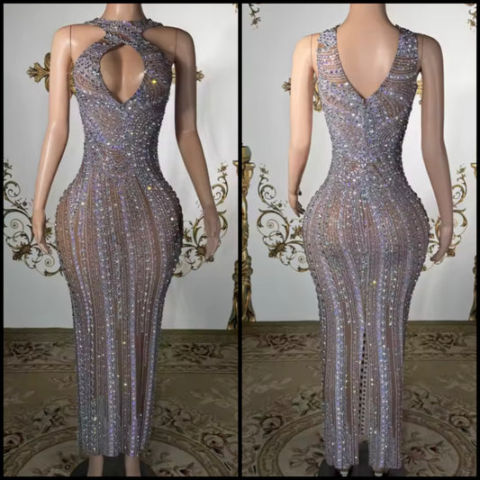 Sexy Halter Sleeveless Color Rhinestone Maxi Dress